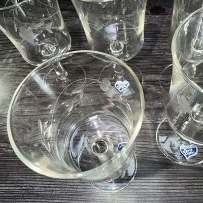 Set of 6 Wine Glasses Cut Flower Leaf Pattern Clear Javit Crystal Stemware 6.25� - Thumbnail 7