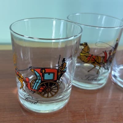 Set of 4 On The Rocks Horse Carriage Coach Glasses 3.5" Cab Tilbury Calche VTG - Thumbnail 5