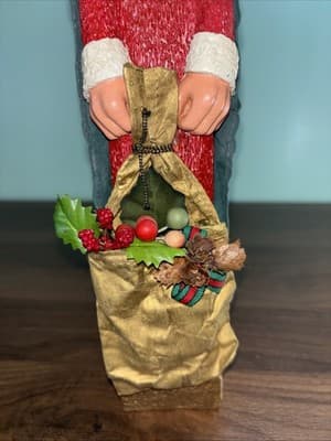 Vintage Pencil Santa 16 1/2" Tall Painted Fabric Gold Bag Curly Beard Green Cape - Thumbnail 2