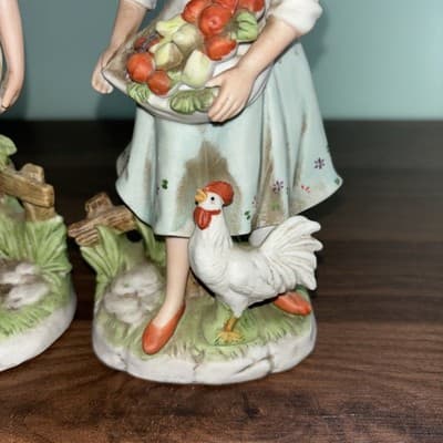 Pair of Vintage HOMCO 8" Girl & Boy Chickens Farmers Figurines Country Cottage - Thumbnail 3