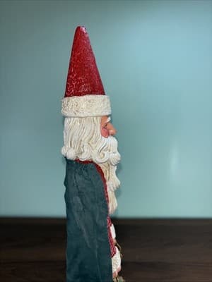 Vintage Pencil Santa 16 1/2" Tall Painted Fabric Gold Bag Curly Beard Green Cape - Thumbnail 4