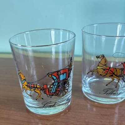 Set of 4 On The Rocks Horse Carriage Coach Glasses 3.5" Cab Tilbury Calche VTG - Thumbnail 3