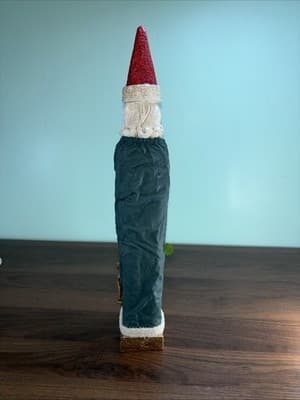 Vintage Pencil Santa 16 1/2" Tall Painted Fabric Gold Bag Curly Beard Green Cape - Thumbnail 7