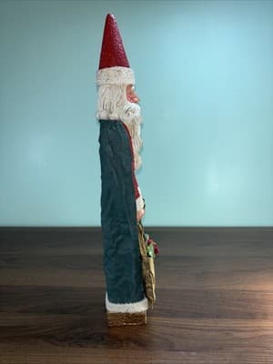Vintage Pencil Santa 16 1/2" Tall Painted Fabric Gold Bag Curly Beard Green Cape - Thumbnail 5
