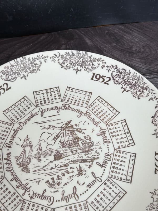 Vintage Vernon Kilns 1952 Calendar Plate Brown Transferware Windmill Scene 10.25 - Thumbnail 4