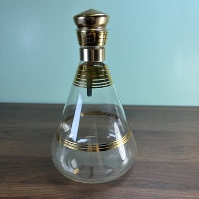 Vtg MCM Atomic Inland Glass Coffee Carafe Gold Plating Stripes W/Cork Stopper Lg - Thumbnail 8