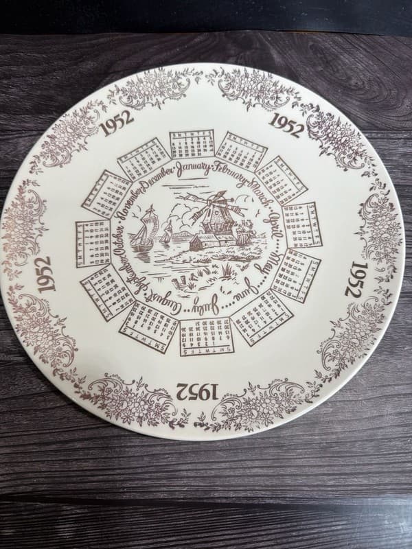 Vintage Vernon Kilns 1952 Calendar Plate Brown Transferware Windmill Scene 10.25