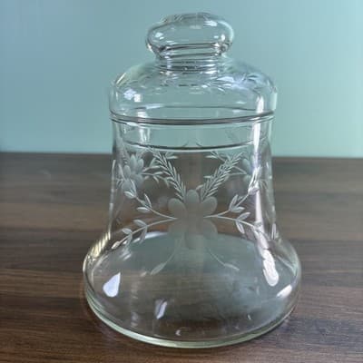 Vintage Princess House Heritage Floral Etched Bell Shaped Clear Glass Jar w/Lid - Thumbnail 3