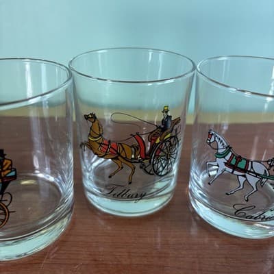 Set of 4 On The Rocks Horse Carriage Coach Glasses 3.5" Cab Tilbury Calche VTG - Thumbnail 6