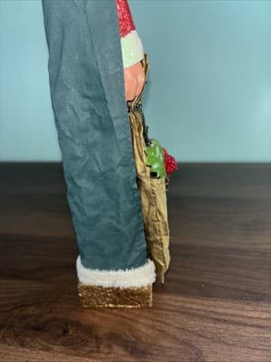Vintage Pencil Santa 16 1/2" Tall Painted Fabric Gold Bag Curly Beard Green Cape - Thumbnail 6