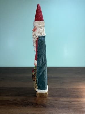 Vintage Pencil Santa 16 1/2" Tall Painted Fabric Gold Bag Curly Beard Green Cape - Thumbnail 8