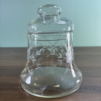 Vintage Princess House Heritage Floral Etched Bell Shaped Clear Glass Jar w/Lid - Thumbnail 2