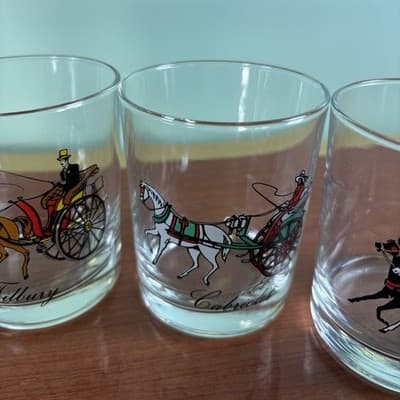 Set of 4 On The Rocks Horse Carriage Coach Glasses 3.5" Cab Tilbury Calche VTG - Thumbnail 9