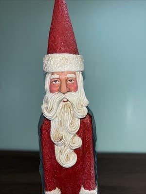Vintage Pencil Santa 16 1/2" Tall Painted Fabric Gold Bag Curly Beard Green Cape - Thumbnail 3
