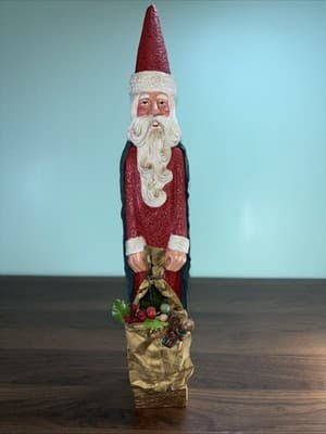 Vintage Pencil Santa 16 1/2" Tall Painted Fabric Gold Bag Curly Beard Green Cape