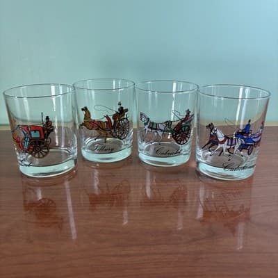 Set of 4 On The Rocks Horse Carriage Coach Glasses 3.5" Cab Tilbury Calche VTG - Thumbnail 4