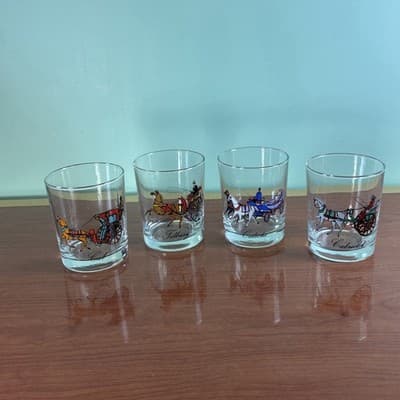 Set of 4 On The Rocks Horse Carriage Coach Glasses 3.5" Cab Tilbury Calche VTG - Thumbnail 2