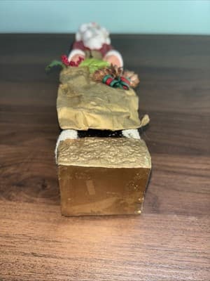 Vintage Pencil Santa 16 1/2" Tall Painted Fabric Gold Bag Curly Beard Green Cape - Thumbnail 9