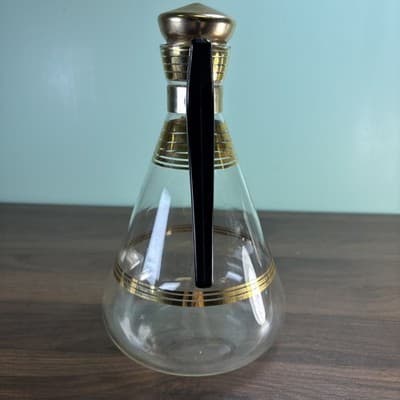 Vtg MCM Atomic Inland Glass Coffee Carafe Gold Plating Stripes W/Cork Stopper Lg - Thumbnail 6