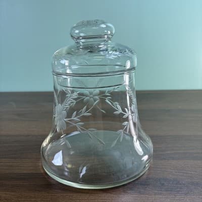 Vintage Princess House Heritage Floral Etched Bell Shaped Clear Glass Jar w/Lid - Thumbnail 4