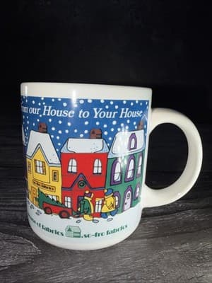 VTG House Of Fabrics So- Fro Happy Holidays Village Coffee Mugs 10 Oz