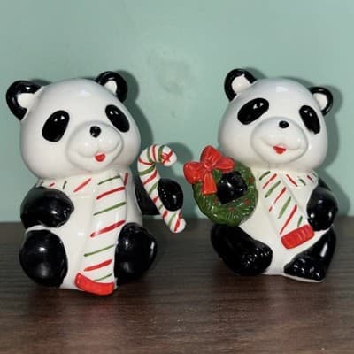Vintage Lefton Christmas Panda Bears Salt & Pepper Shakers Candy Cane & Wreath
