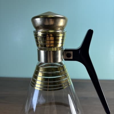Vtg MCM Atomic Inland Glass Coffee Carafe Gold Plating Stripes W/Cork Stopper Lg - Thumbnail 3