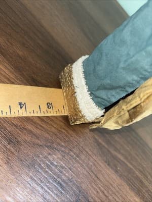 Vintage Pencil Santa 16 1/2" Tall Painted Fabric Gold Bag Curly Beard Green Cape - Thumbnail 11