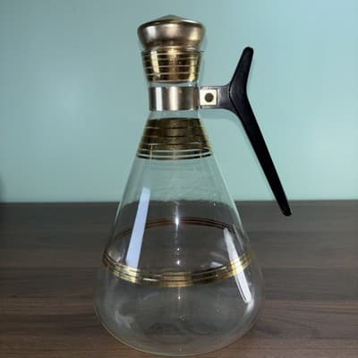 Vtg MCM Atomic Inland Glass Coffee Carafe Gold Plating Stripes W/Cork Stopper Lg - Thumbnail 2