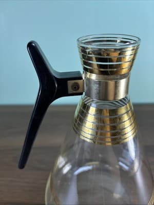 Vtg MCM Atomic Inland Glass Coffee Carafe Gold Plating Stripes W/Cork Stopper Lg - Thumbnail 12