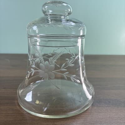 Vintage Princess House Heritage Floral Etched Bell Shaped Clear Glass Jar w/Lid