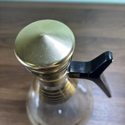 Vtg MCM Atomic Inland Glass Coffee Carafe Gold Plating Stripes W/Cork Stopper Lg - Thumbnail 5