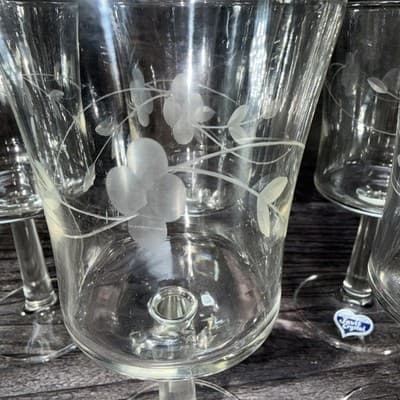 Set of 6 Wine Glasses Cut Flower Leaf Pattern Clear Javit Crystal Stemware 6.25� - Thumbnail 4