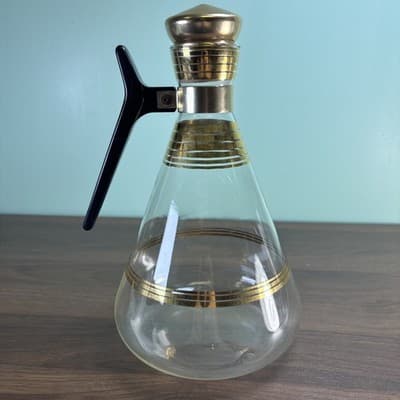 Vtg MCM Atomic Inland Glass Coffee Carafe Gold Plating Stripes W/Cork Stopper Lg - Thumbnail 7