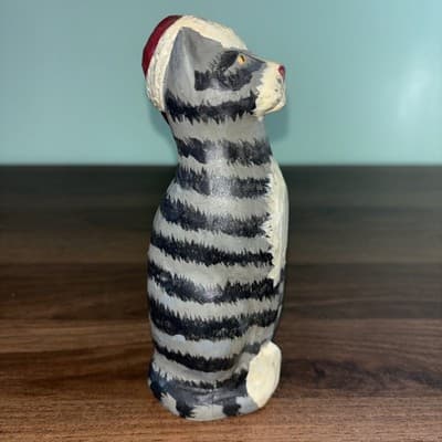 Christmas Gray Tabby Cat With Santa Hat. Folk Carved Resin Kurt Adler. 6.25" - Thumbnail 4
