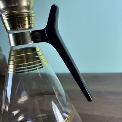 Vtg MCM Atomic Inland Glass Coffee Carafe Gold Plating Stripes W/Cork Stopper Lg - Thumbnail 4