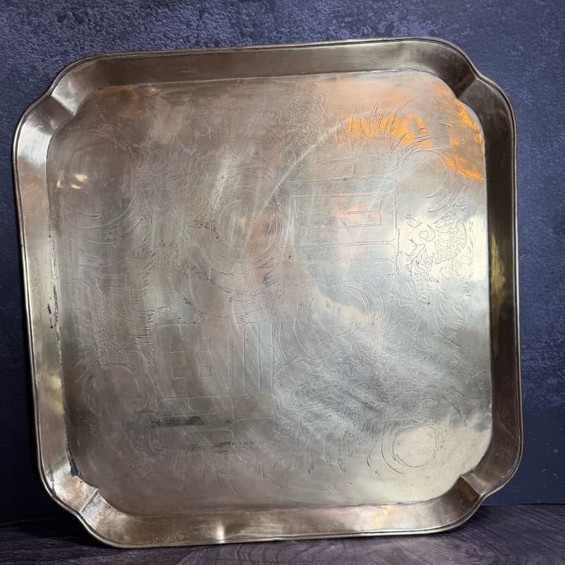 Vintage Hand-Etched Brass Chinese Dragon & Phoenix Serving Tray with Longevity C