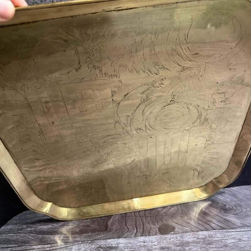 Vintage Hand-Etched Brass Chinese Dragon & Phoenix Serving Tray with Longevity C - Thumbnail 4