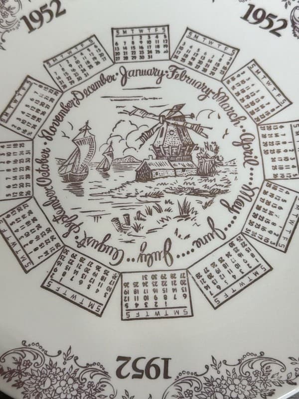 Vintage Vernon Kilns 1952 Calendar Plate Brown Transferware Windmill Scene 10.25 - Thumbnail 2