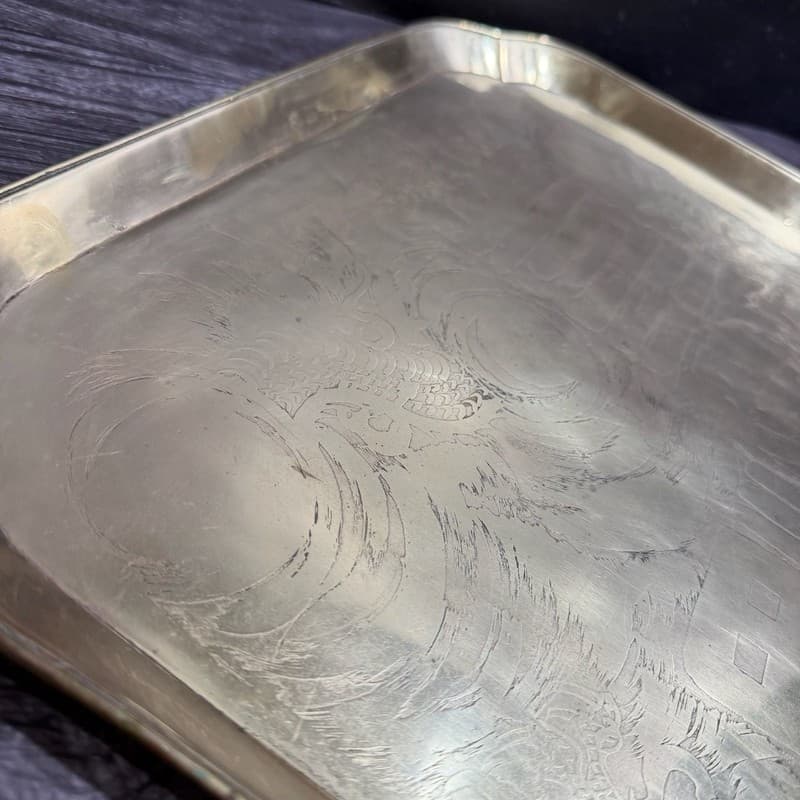 Vintage Hand-Etched Brass Chinese Dragon & Phoenix Serving Tray with Longevity C - Thumbnail 5