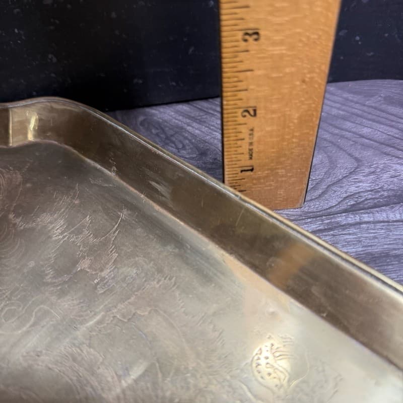 Vintage Hand-Etched Brass Chinese Dragon & Phoenix Serving Tray with Longevity C - Thumbnail 11