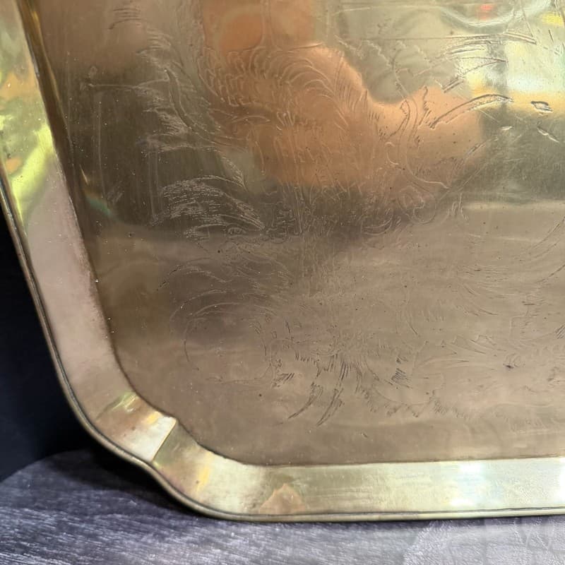 Vintage Hand-Etched Brass Chinese Dragon & Phoenix Serving Tray with Longevity C - Thumbnail 8