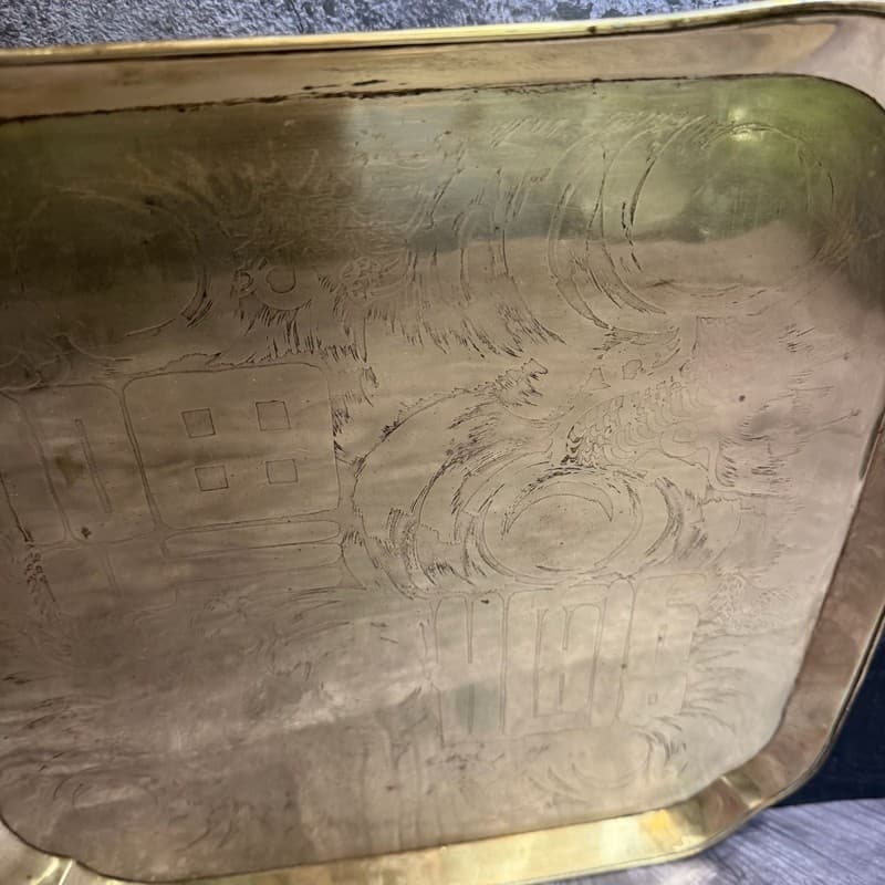 Vintage Hand-Etched Brass Chinese Dragon & Phoenix Serving Tray with Longevity C - Thumbnail 10