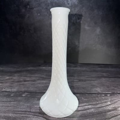 Hoosier Milk White Glass Vase Diamond Quilt Pattern Vintage Rose Bud Retro