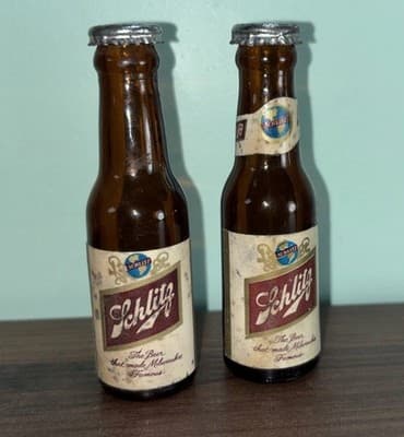 Vintage Schlitz Beer Salt & Pepper Shakers-Brown Glass Bottles With Metal Tops