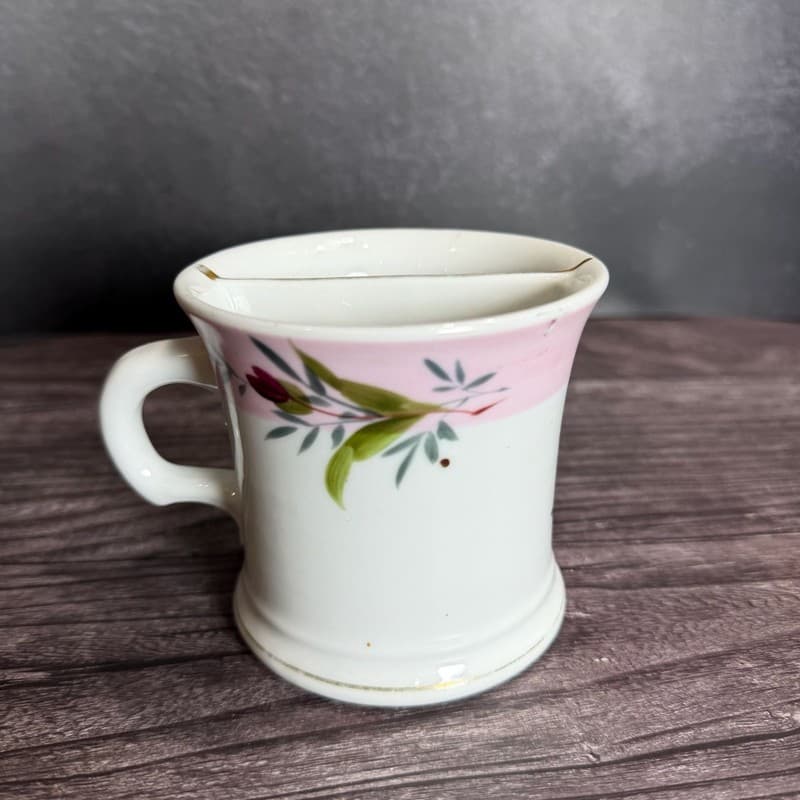 Vintage Porcelain Mustache Cup Mug Floral Design Pink White Gold Trim - Thumbnail 2