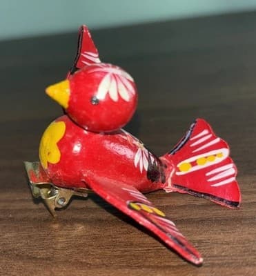 Vintage Clip On Wooden Bird Ornament Red Yellow 2” Long - Thumbnail 2