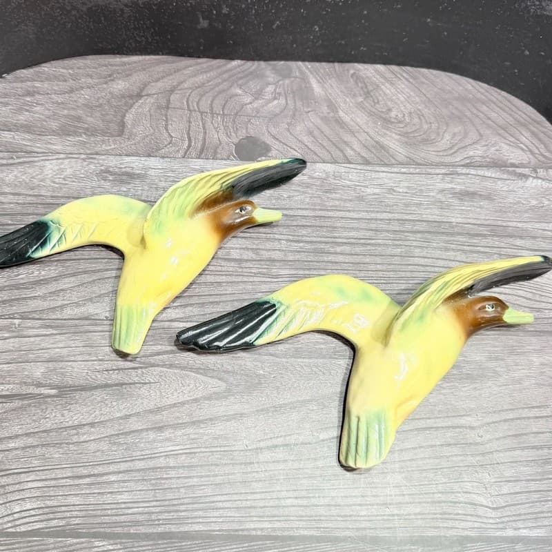 Vintage Chalkware Flying Ducks Mallard Wall Hangings Set of 2