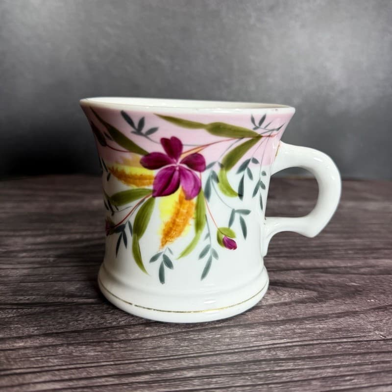 Vintage Porcelain Mustache Cup Mug Floral Design Pink White Gold Trim