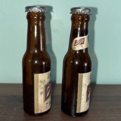 Vintage Schlitz Beer Salt & Pepper Shakers-Brown Glass Bottles With Metal Tops - Thumbnail 2